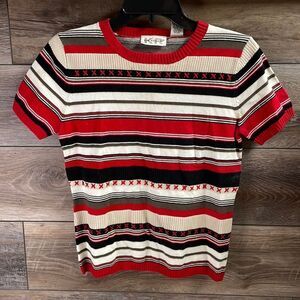 Kim Rogers Pullover Striped Sweater Top,Size Small,Red,Off White&Black, Vintage